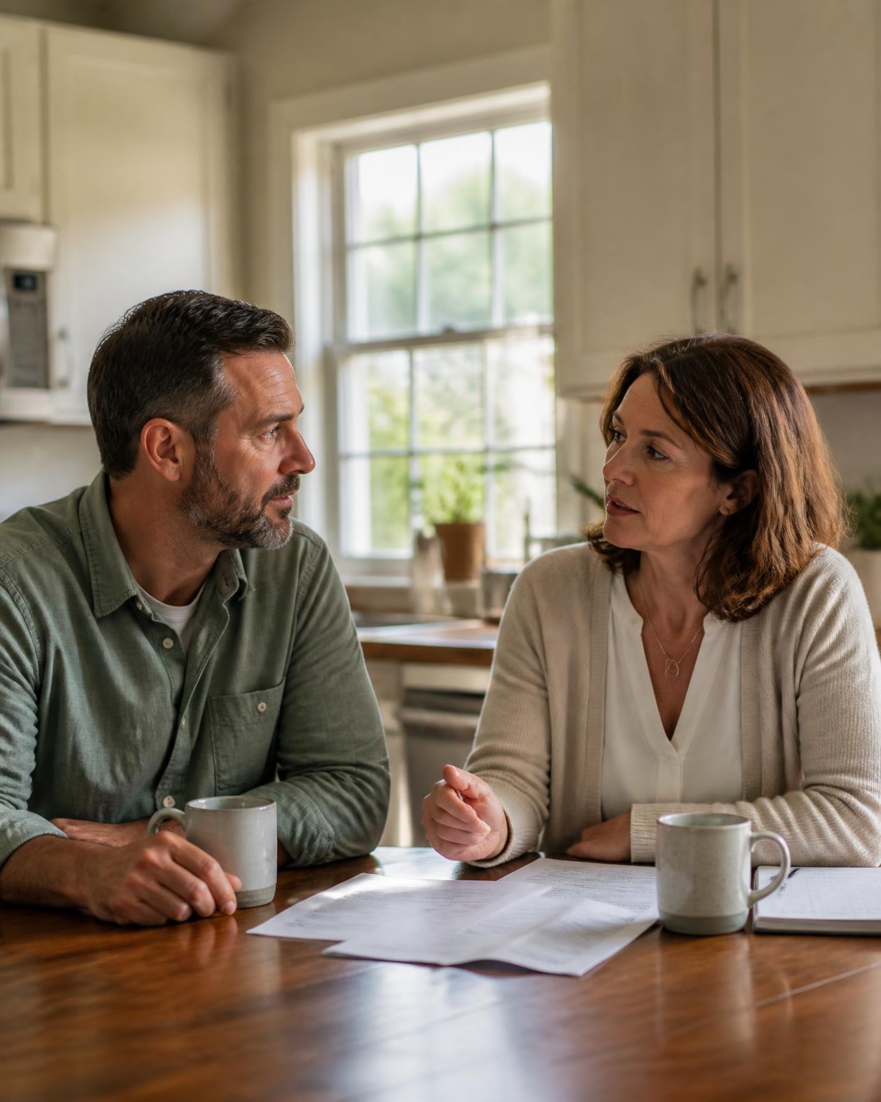 A couple reviewing paperwork together at their kitchen table